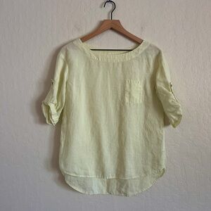 Rumere 100% Linen 3/4 Roll Tab Sleeve Crewneck Pocket Blouse Top Small Green